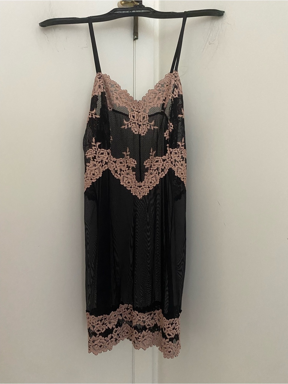 Intimissimi Pretty Flowers Babydoll Black Slip Dress Beige Tan Lace Trim Sheer